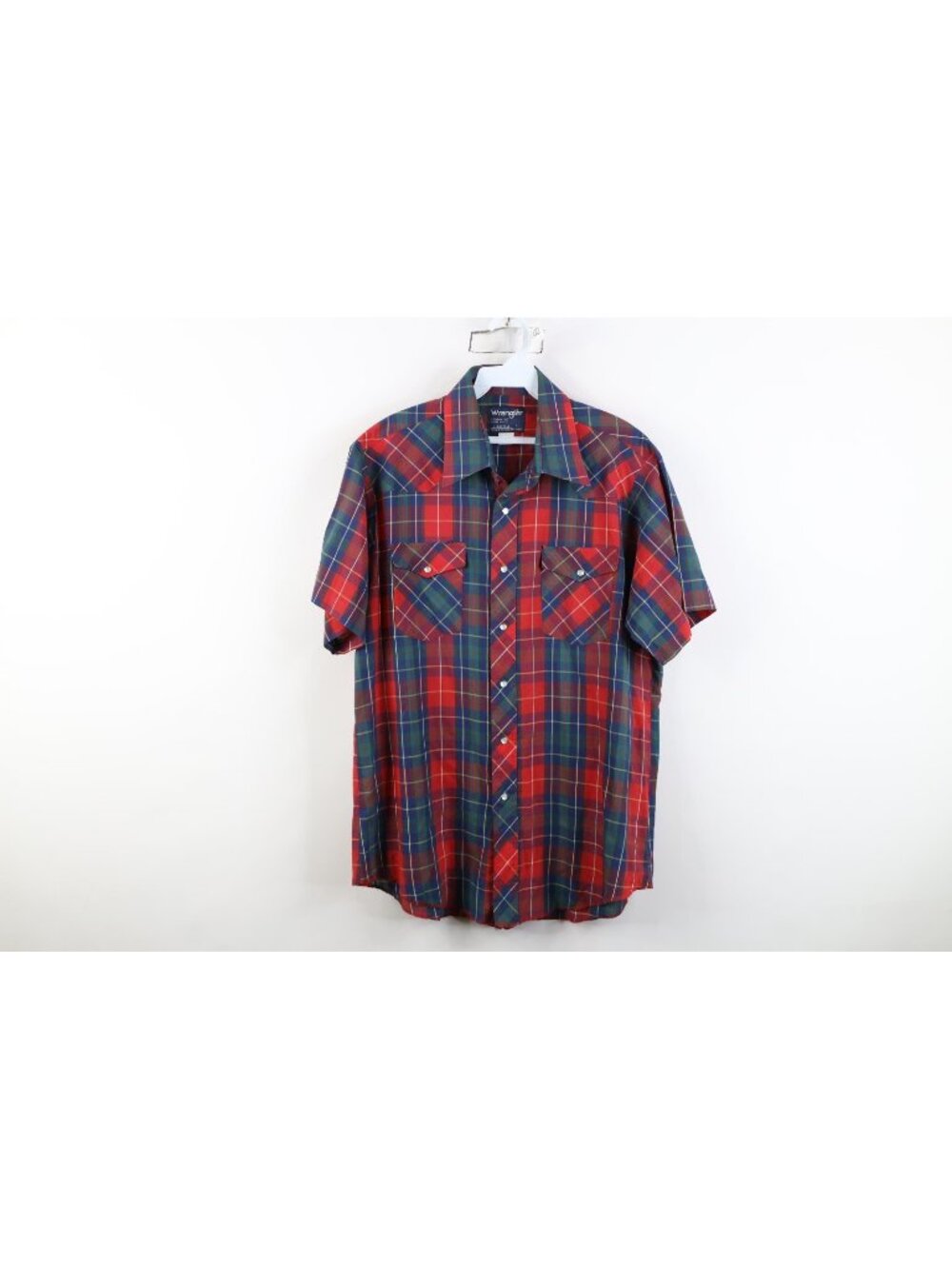 Vintage 70s Wrangler Mens 17 Western Cowboy Short Sleeve Button Shirt Plaid USA